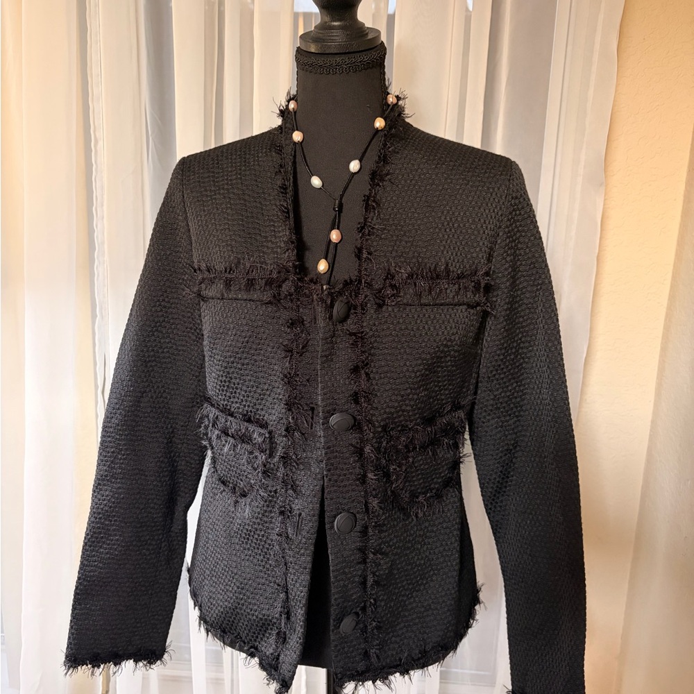Fringe-Trim Black Knit Blazer - Women